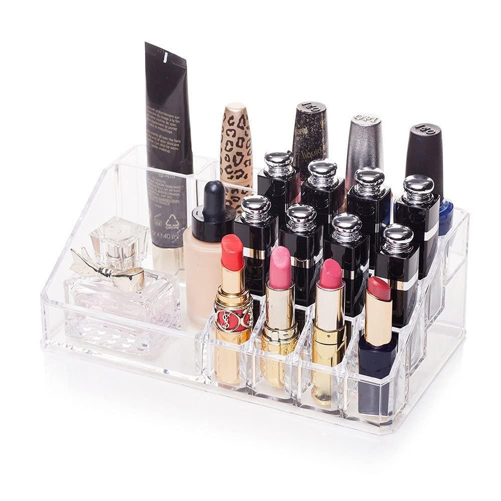 16 Compartment Clear Acrylic Makeup & Jewelry Organizer Box