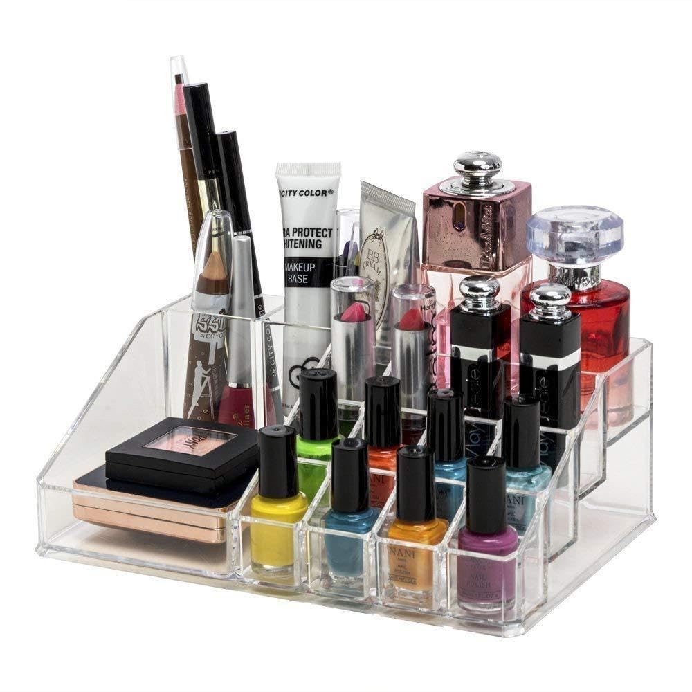 16 Compartment Clear Acrylic Makeup & Jewelry Organizer Box