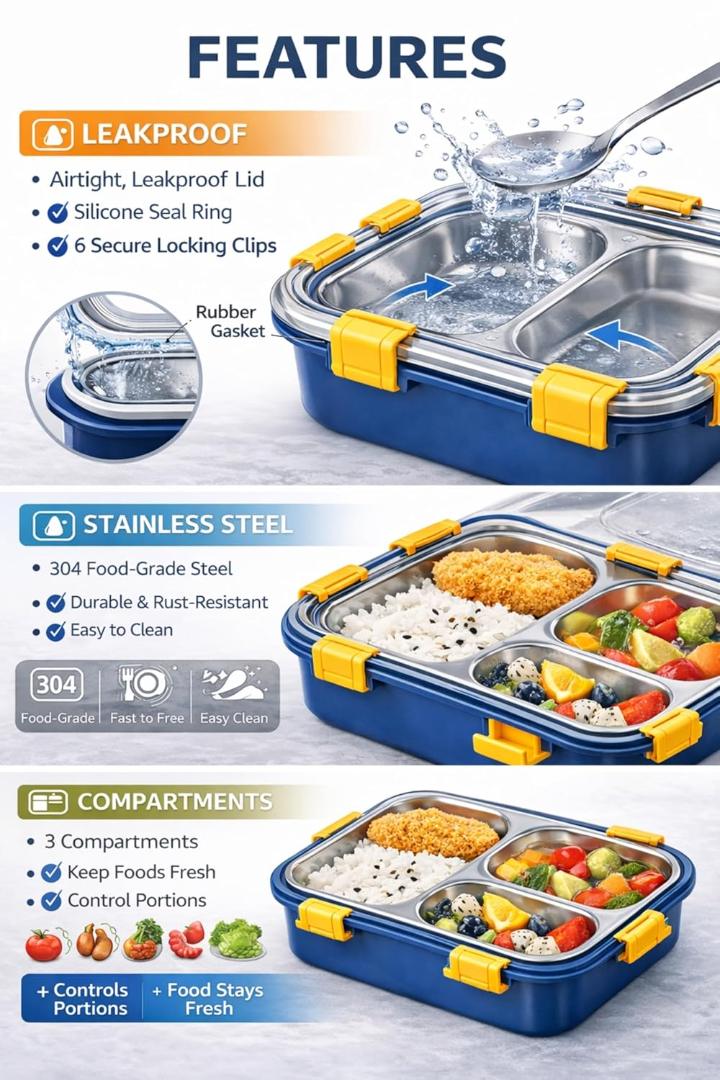 3-Compartment Stainless Steel Lunch Box with Transparent Lid - Navy Blue