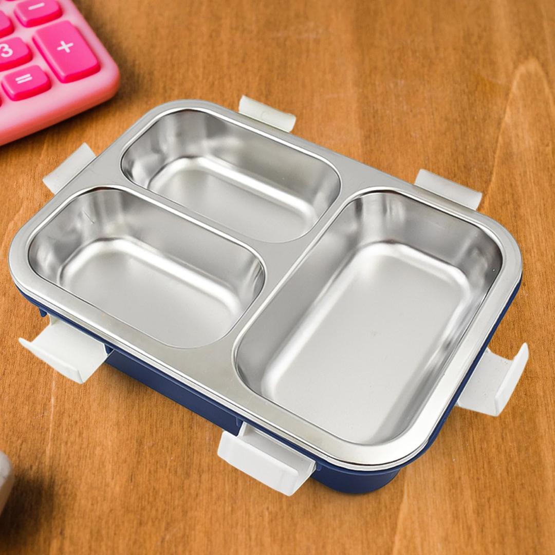 3-Compartment Stainless Steel Lunch Box with Transparent Lid - Navy Blue