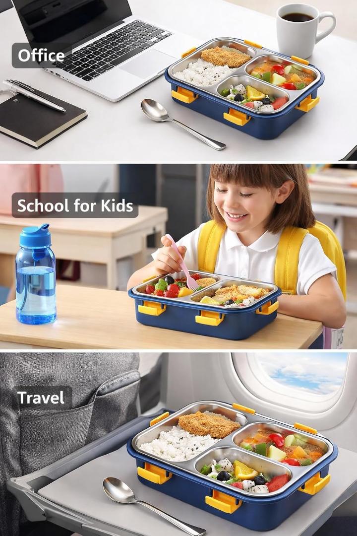 3-Compartment Stainless Steel Lunch Box with Transparent Lid - Navy Blue