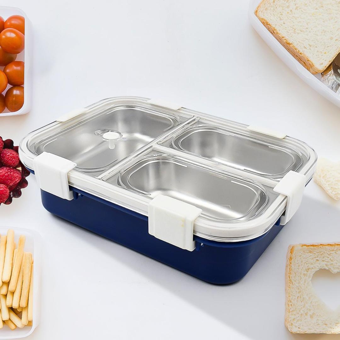 3-Compartment Stainless Steel Lunch Box with Transparent Lid - Navy Blue
