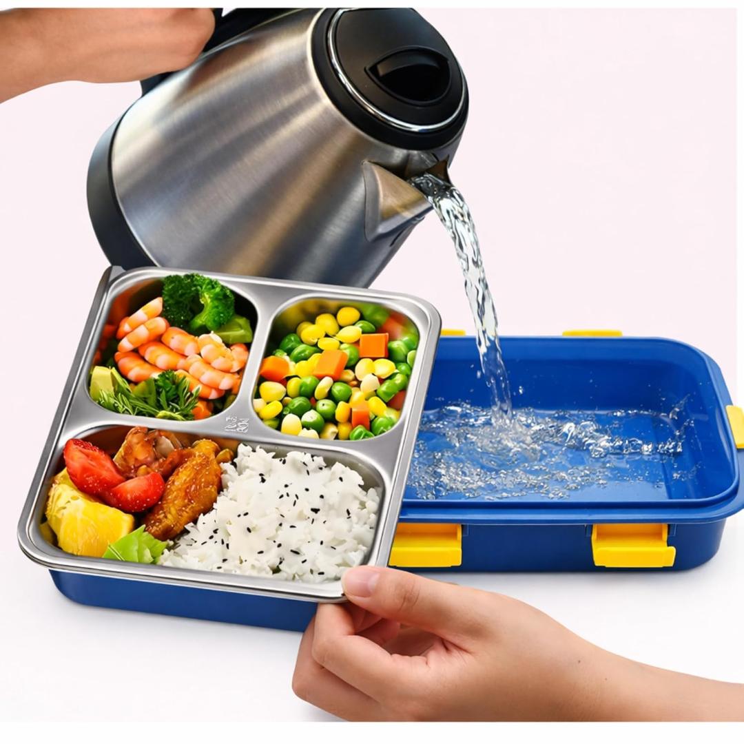 3-Compartment Stainless Steel Lunch Box with Transparent Lid - Navy Blue