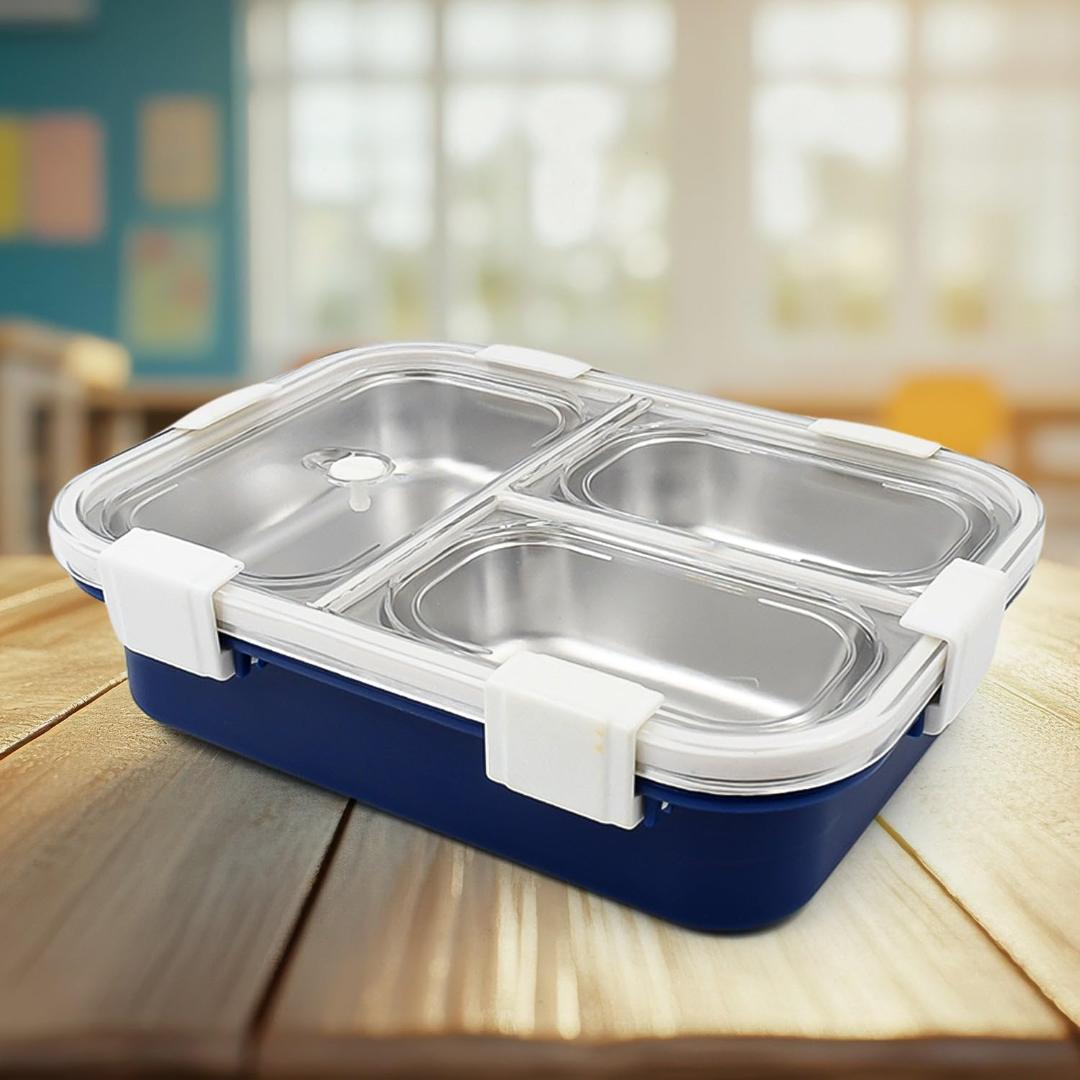 3-Compartment Stainless Steel Lunch Box with Transparent Lid - Navy Blue