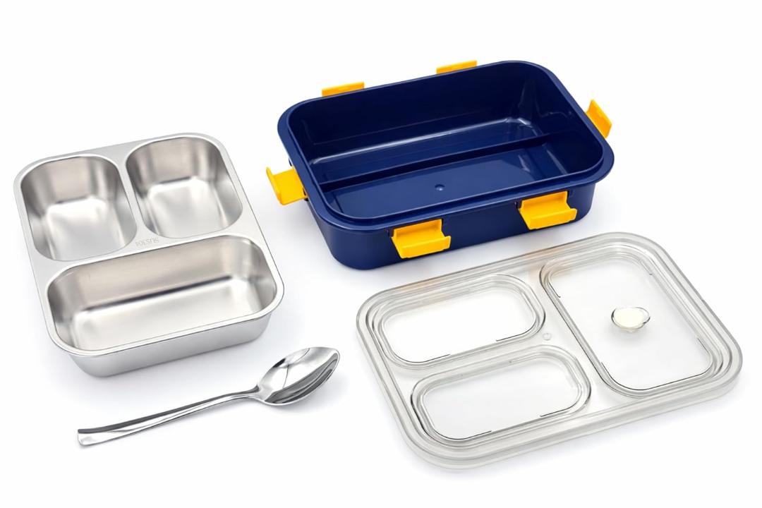 3-Compartment Stainless Steel Lunch Box with Transparent Lid - Navy Blue
