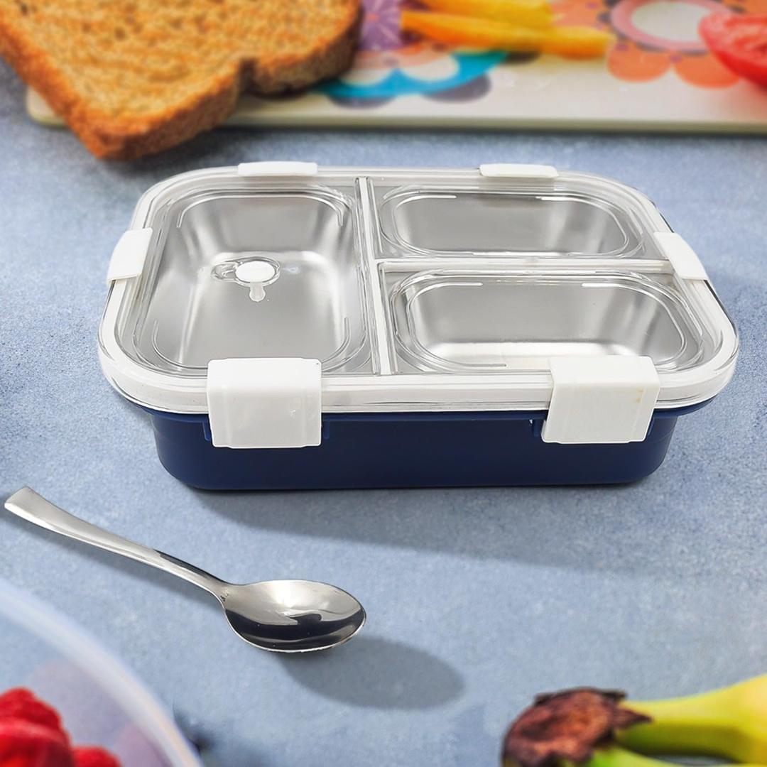 3-Compartment Stainless Steel Lunch Box with Transparent Lid - Navy Blue