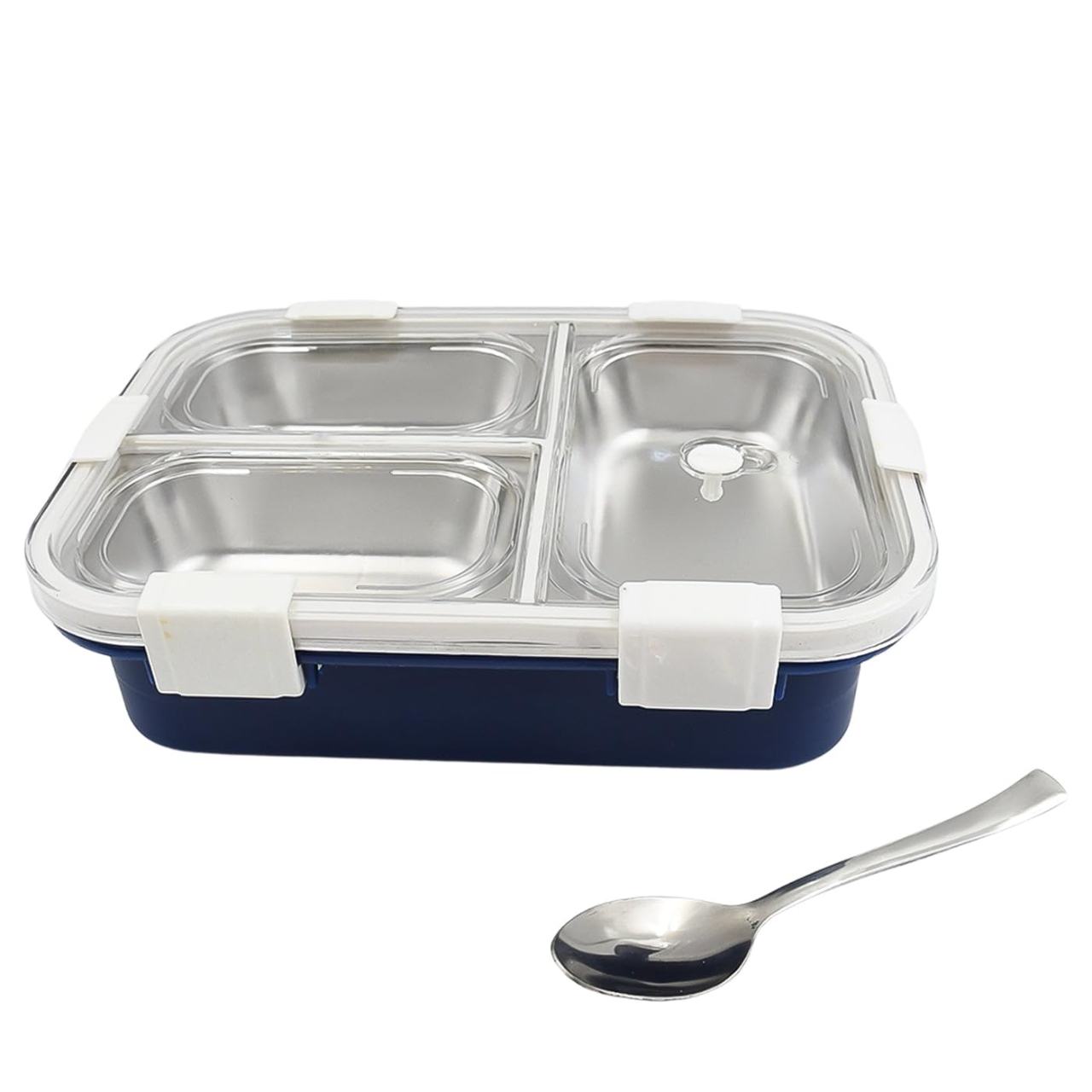 3-Compartment Stainless Steel Lunch Box with Transparent Lid - Navy Blue