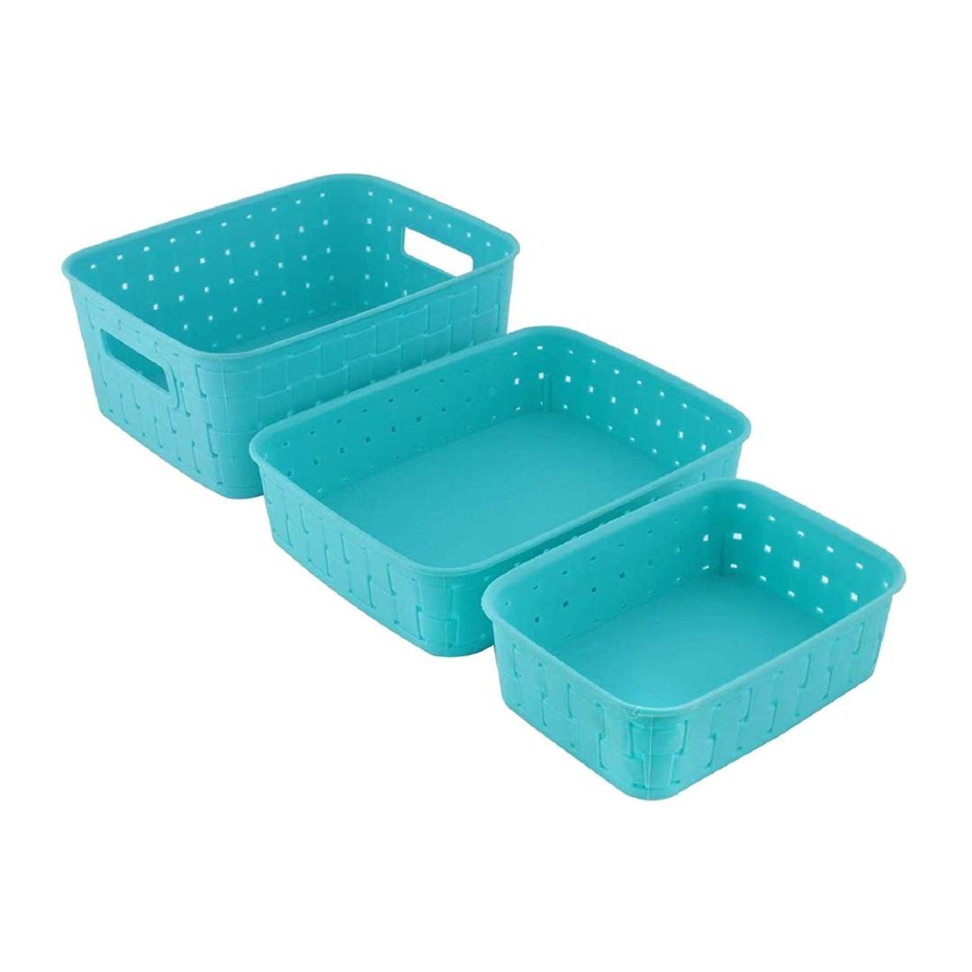 3-Piece Woven Storage Basket Set - Turquoise Blue Organizer Bins