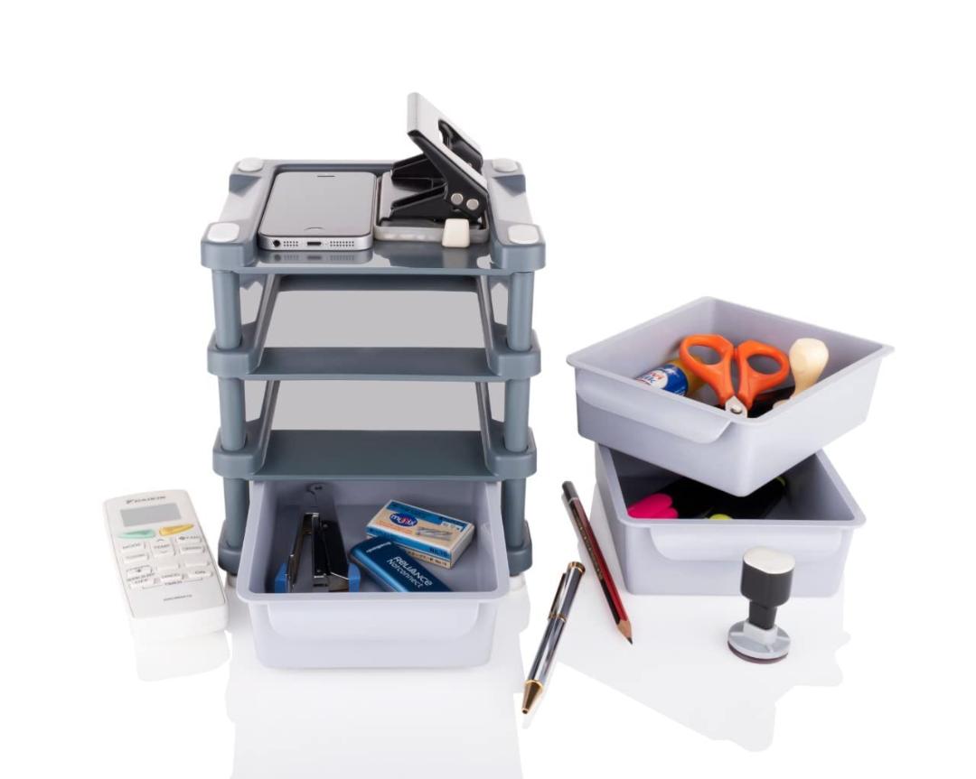 3-Tier Compact Desk Organizer with Drawers - Grey & White