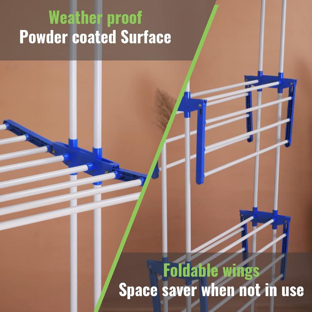 3-Tier Foldable Clothes Drying Rack with Wheels and Rotatable Hangers - Blue & White