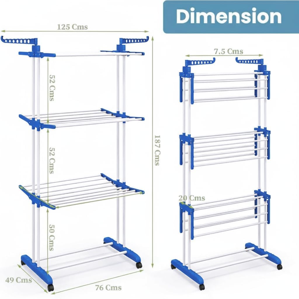 3-Tier Foldable Clothes Drying Rack with Wheels and Rotatable Hangers - Blue & White