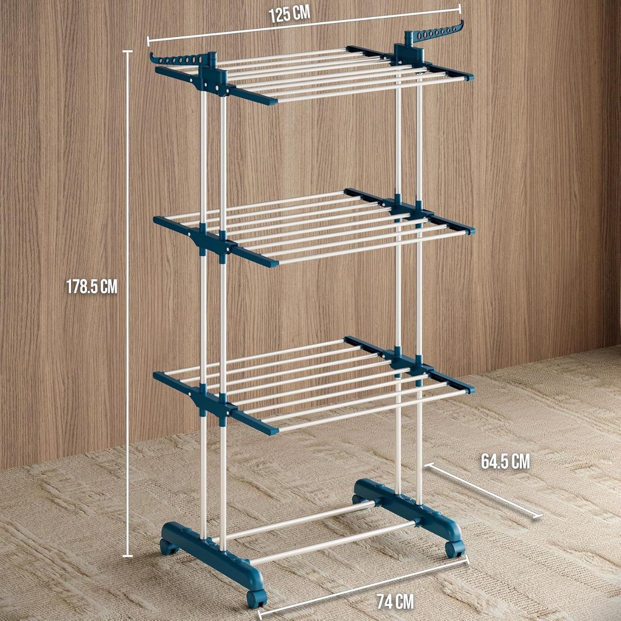 3-Tier Foldable Clothes Drying Rack with Wheels and Rotatable Hangers - Blue & White