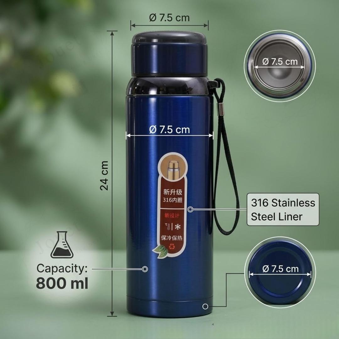 316 Stainless Steel Vacuum Flask Water Bottle with Handle Strap - 800ml (Blue)