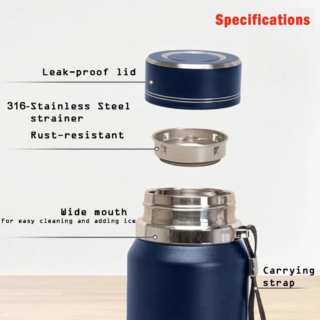 316 Stainless Steel Vacuum Flask Water Bottle with Handle Strap - 800ml (Blue)