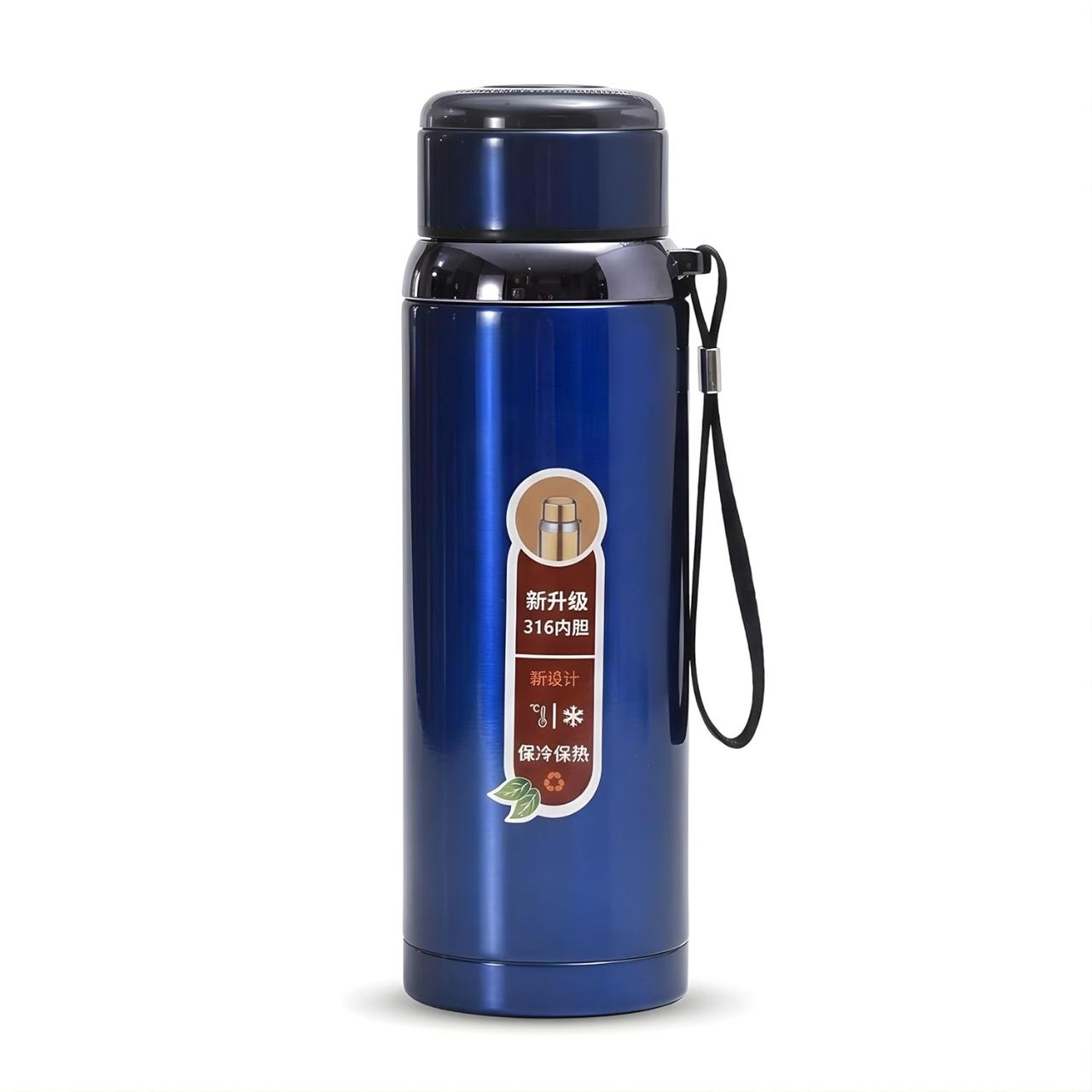 316 Stainless Steel Vacuum Flask Water Bottle with Handle Strap - 800ml (Blue)