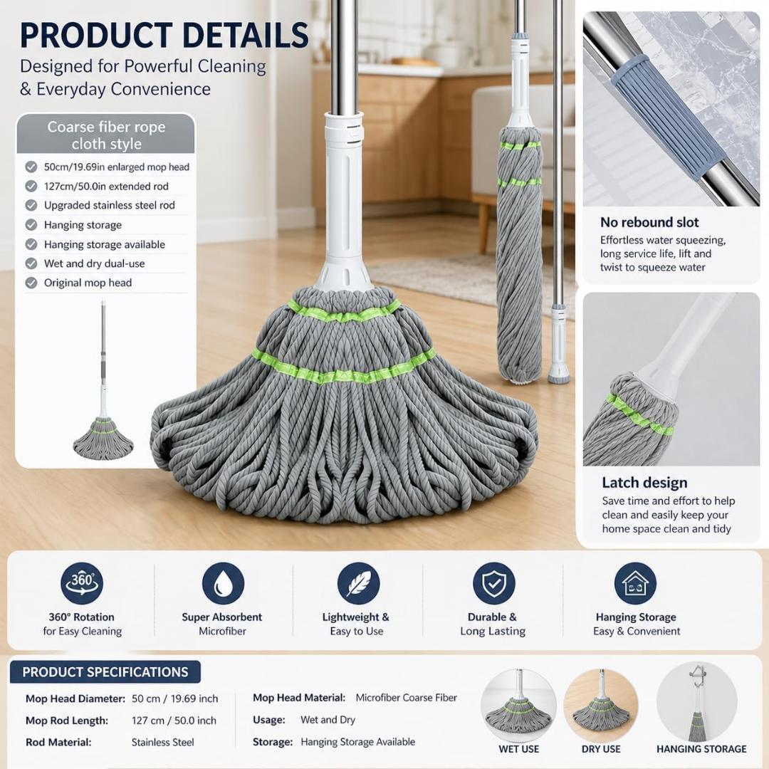 360° Spin Mop with Adjustable Handle & Microfiber Head