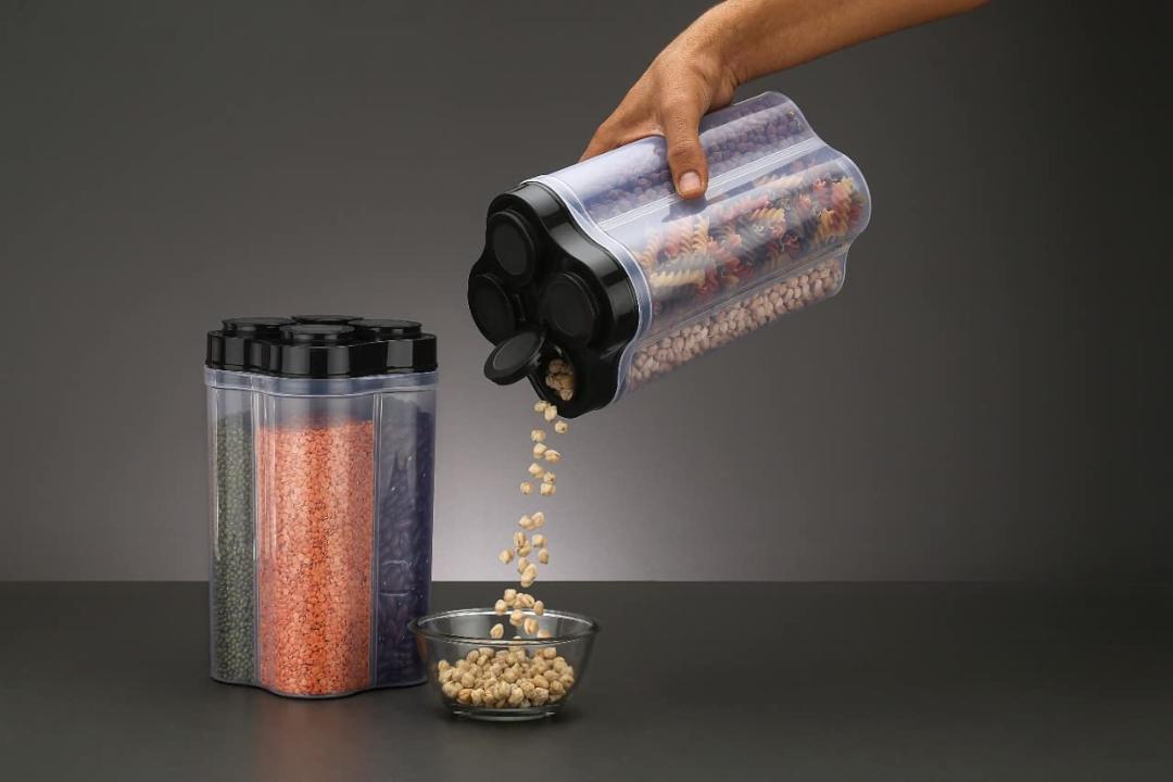 4-in-1 Rotating Multi-Compartment Dry Food Storage Container Dispenser