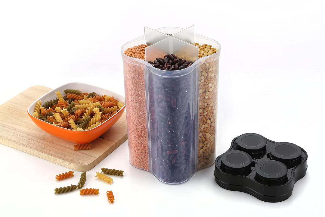 4-in-1 Rotating Multi-Compartment Dry Food Storage Container Dispenser