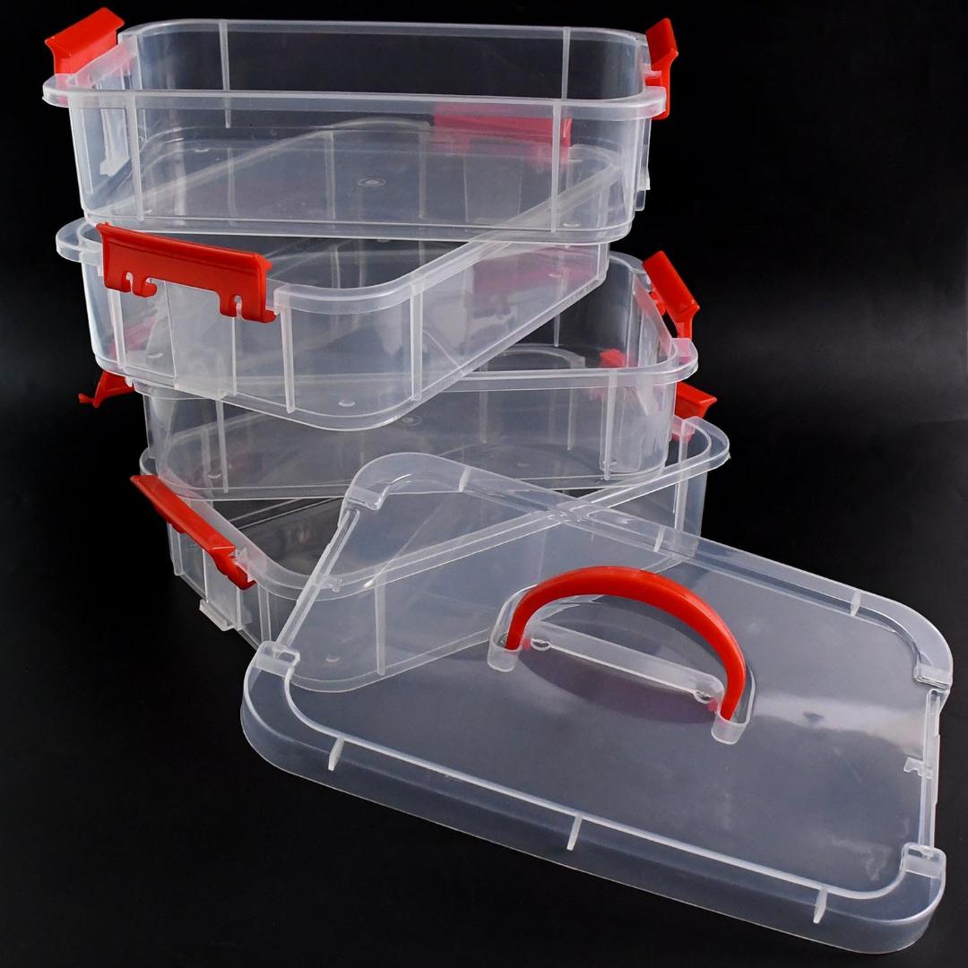 4-Layer Clear Plastic Storage Box with Red Handle and Clasps