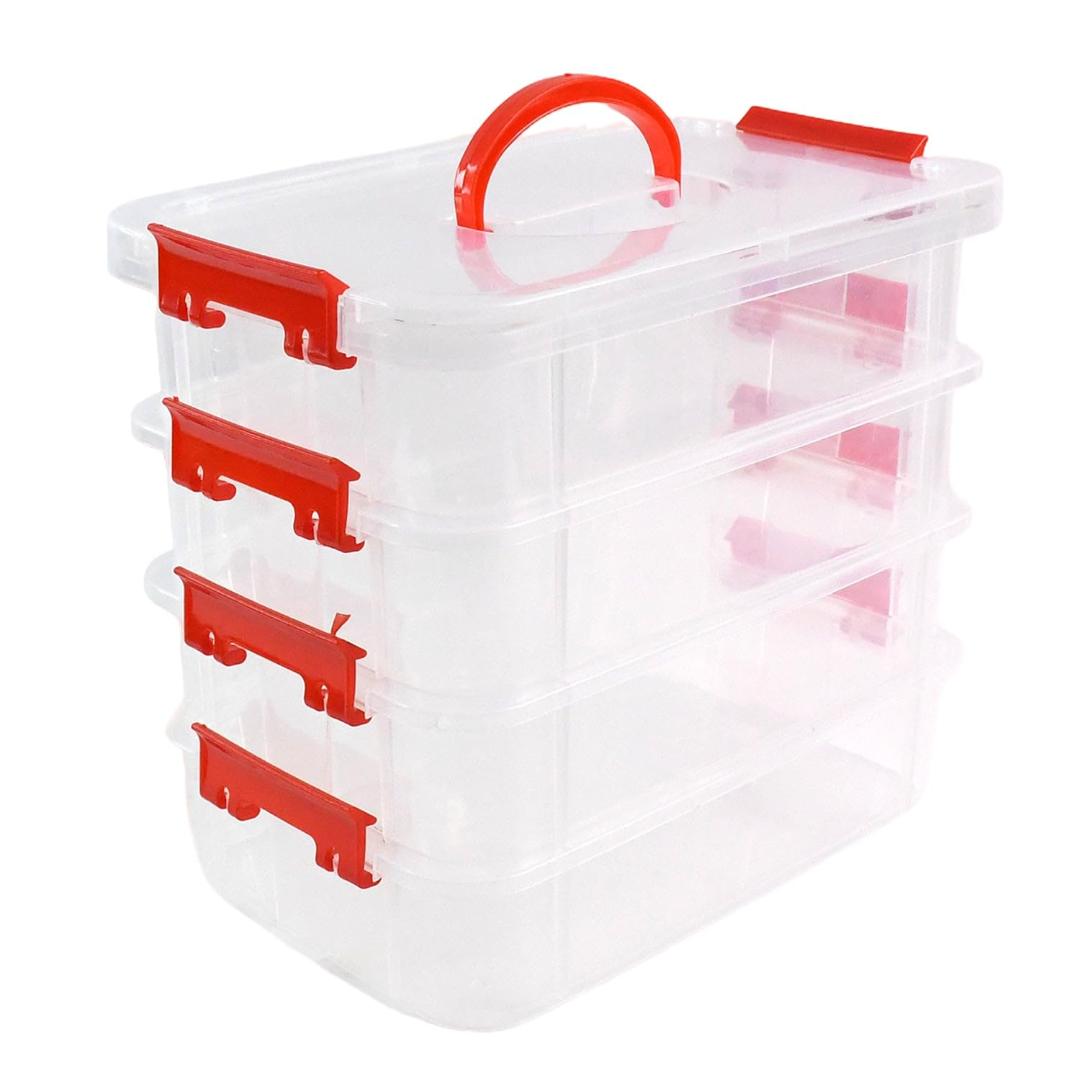 4-Layer Clear Plastic Storage Box with Red Handle and Clasps