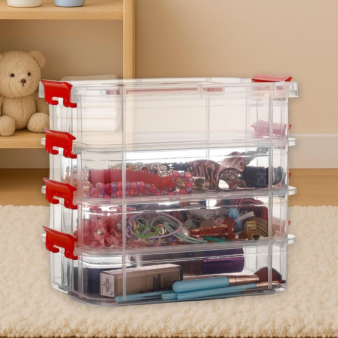 4-Layer Clear Plastic Storage Box with Red Handle and Clasps
