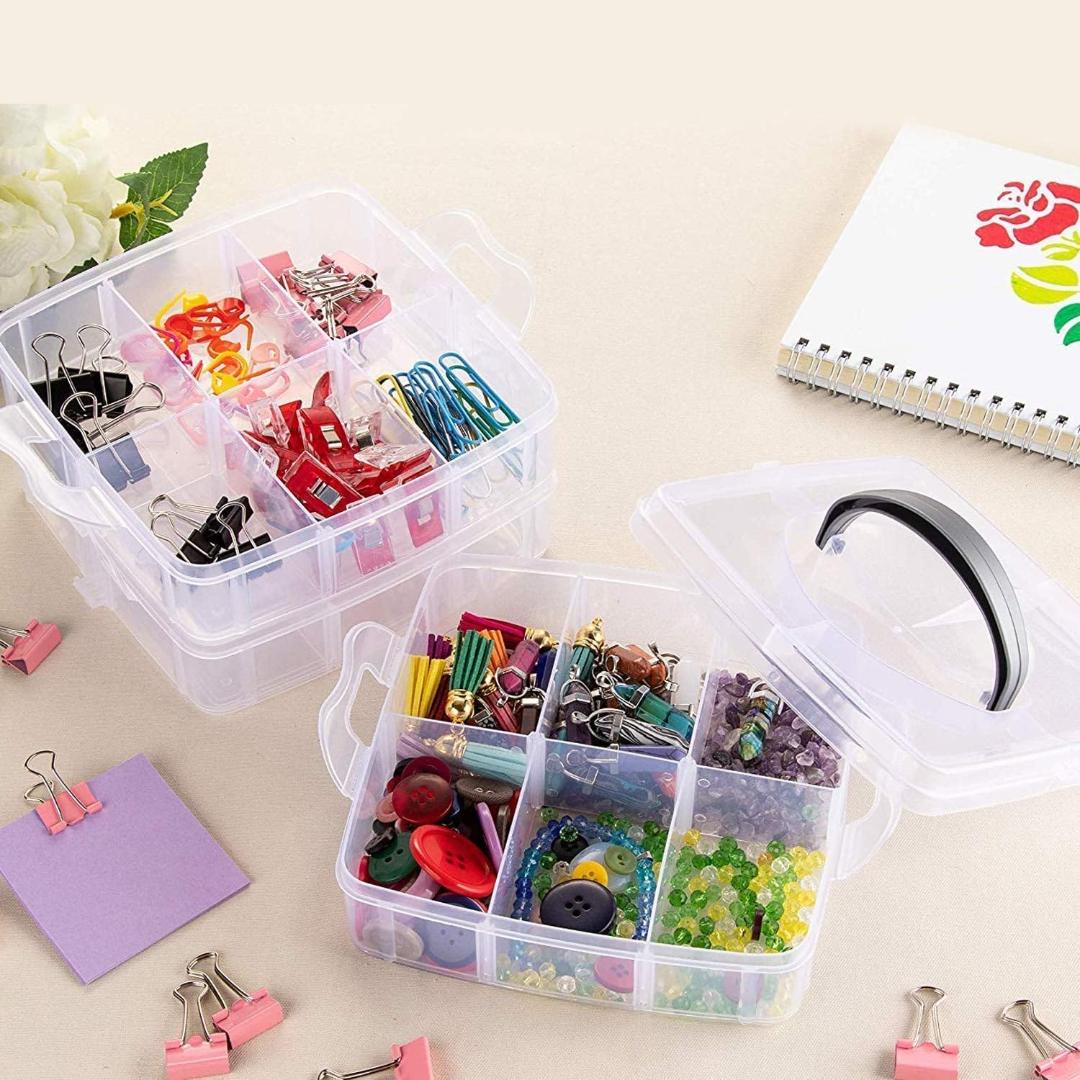 4-Layer Clear Plastic Storage Box with Red Handle and Clasps
