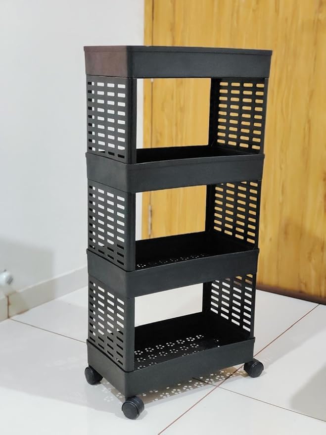 4-Layer Slim Rolling Storage Rack with Wheels - Black
