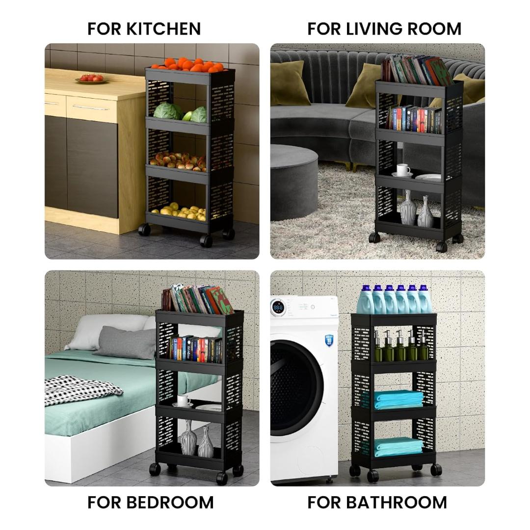 4-Layer Slim Rolling Storage Rack with Wheels - Black