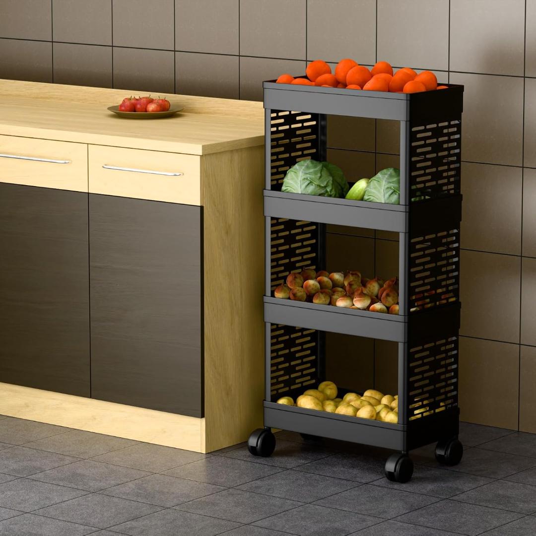 4-Layer Slim Rolling Storage Rack with Wheels - Black