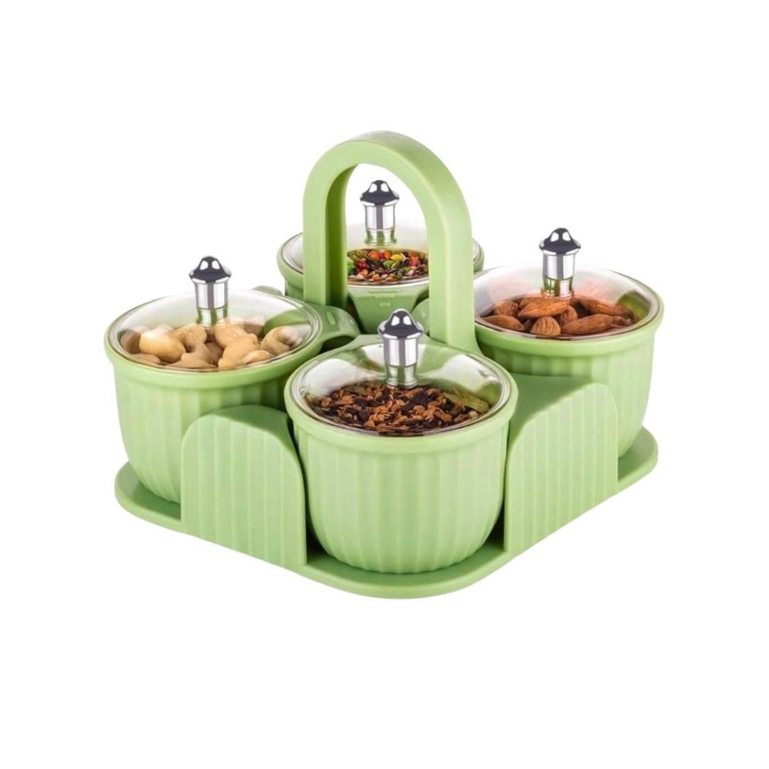 4-Piece Multipurpose Plastic Dry Fruit Box Set with Tray and Handle - Green