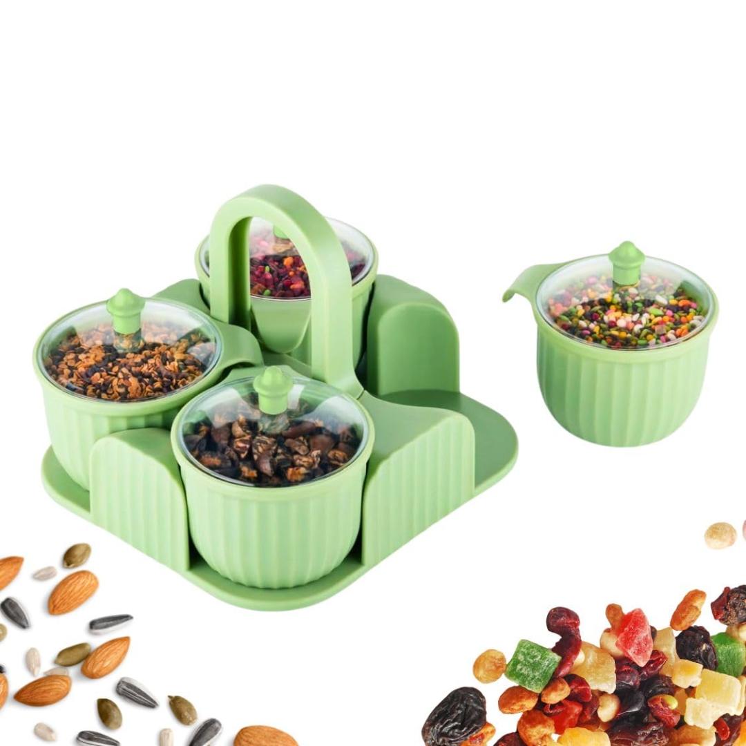 4-Piece Multipurpose Plastic Dry Fruit Box Set with Tray and Handle - Green