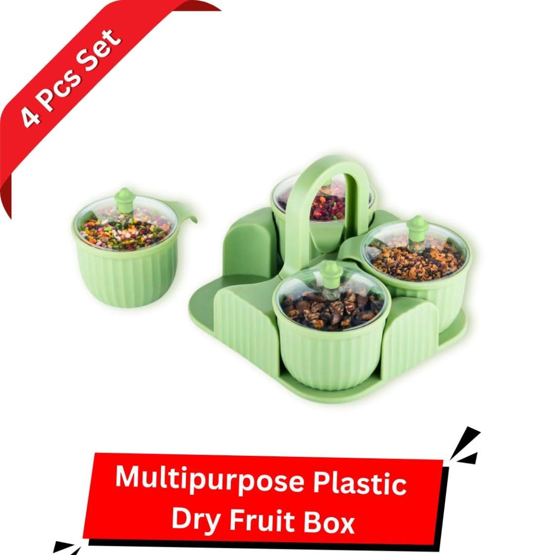 4-Piece Multipurpose Plastic Dry Fruit Box Set with Tray and Handle - Green