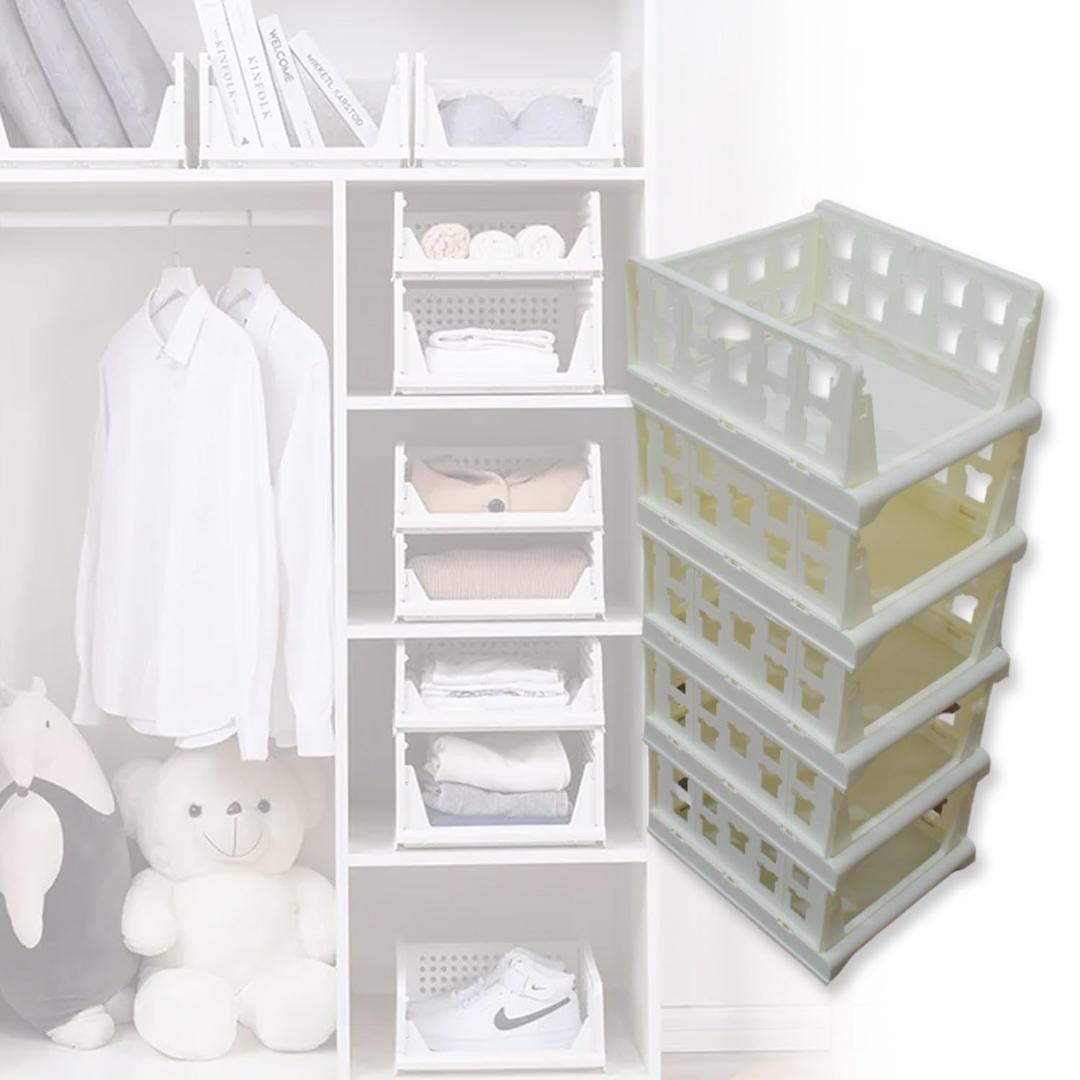 4-Tier Stackable Plastic Storage Organizer Rack with Open Front Design