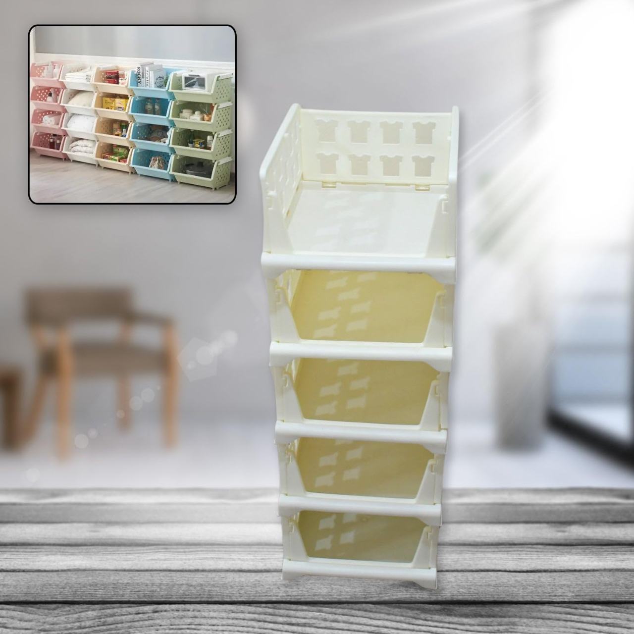 4-Tier Stackable Plastic Storage Organizer Rack with Open Front Design
