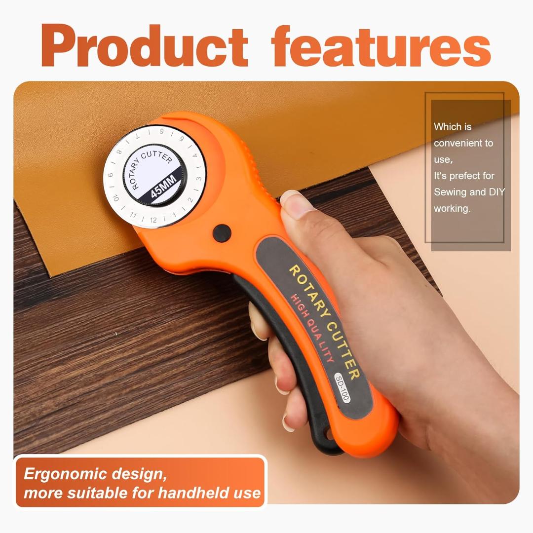 45mm Rotary Cutter with Ergonomic Handle for Fabric, Leather, and Craft Cutting