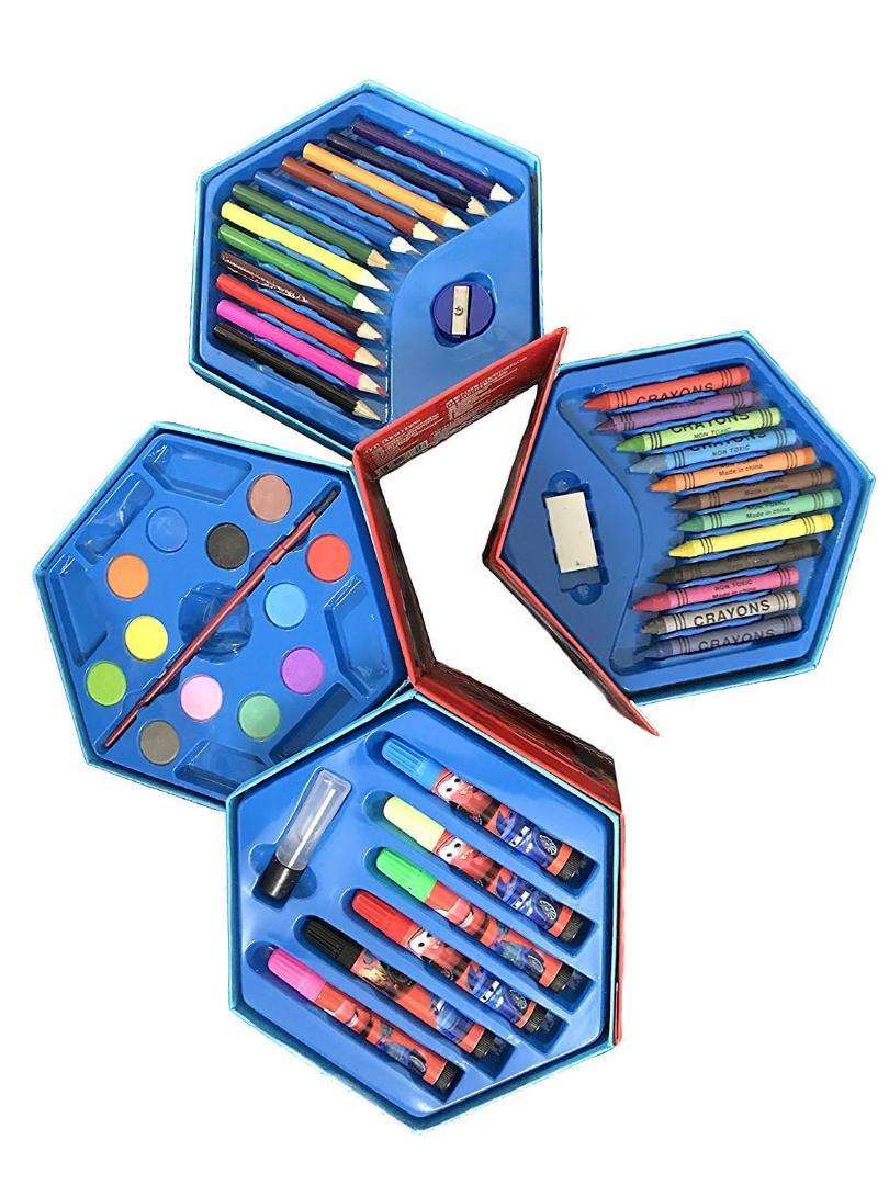 46-Piece Hexagon Art Set for Kids with Crayons, Color Pencils, Watercolors & Markers