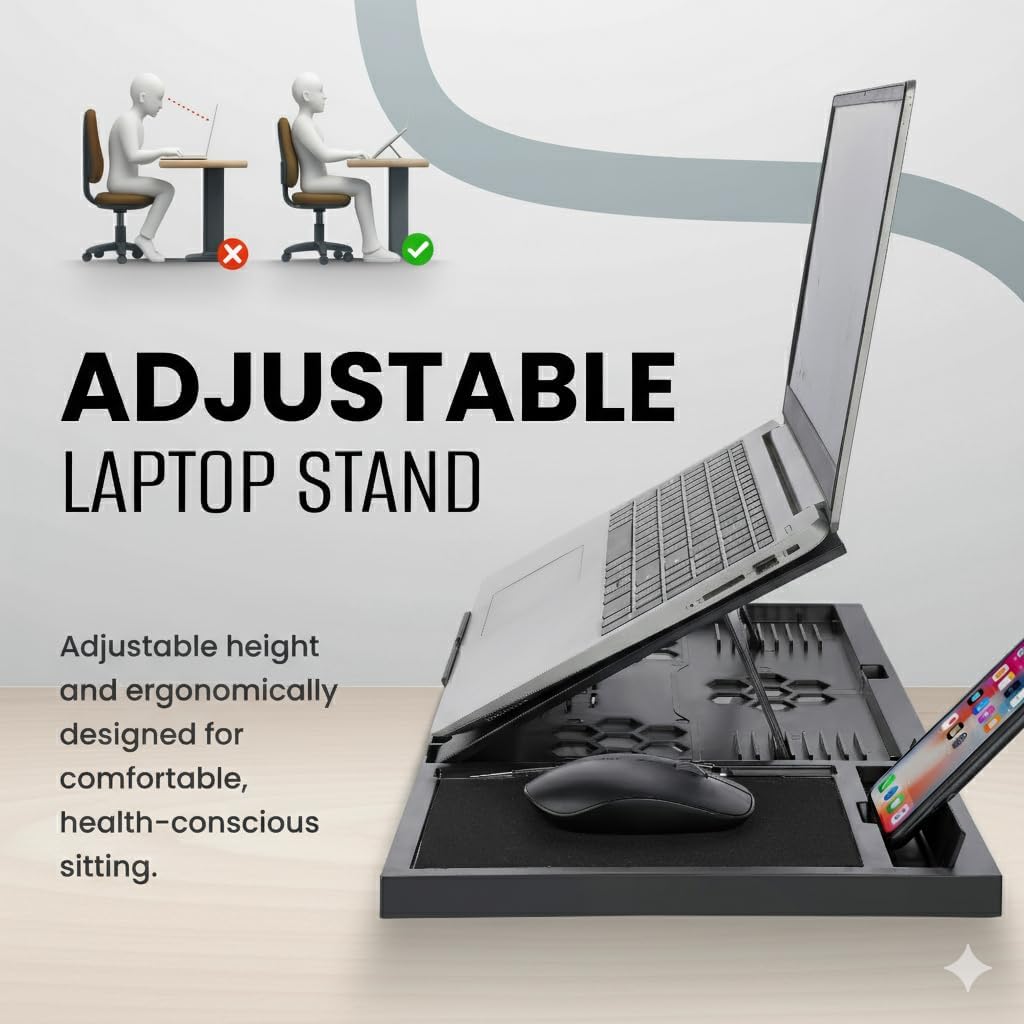 Adjustable Laptop Stand with Mouse Pad and Mobile Holder - 8 Angle Ergonomic Desk Organizer