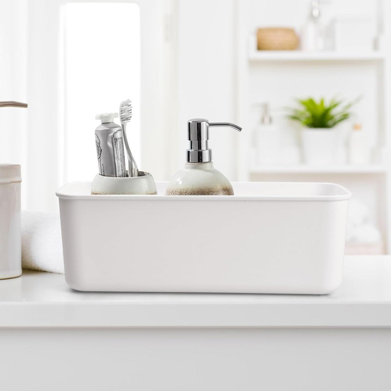 Bathroom Organizer Storage Basket with Handles - White