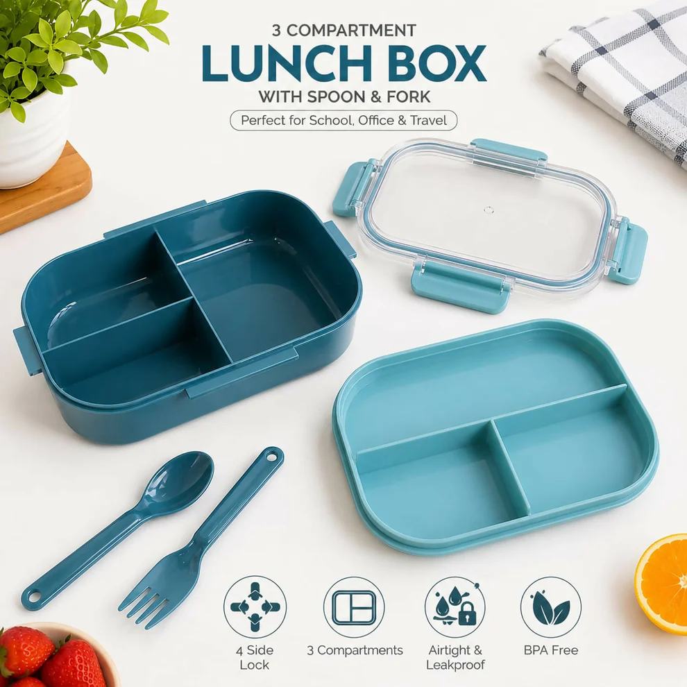 Carry Fresh 3 Compartment Leakproof Lunch Box with Spoon Fork