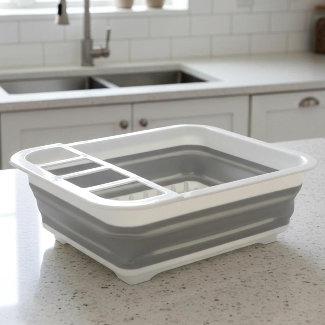 Collapsible Dish Drainer Rack with Cutlery Holder - Compact Kitchen Sink Organizer (28cm x 34cm)
