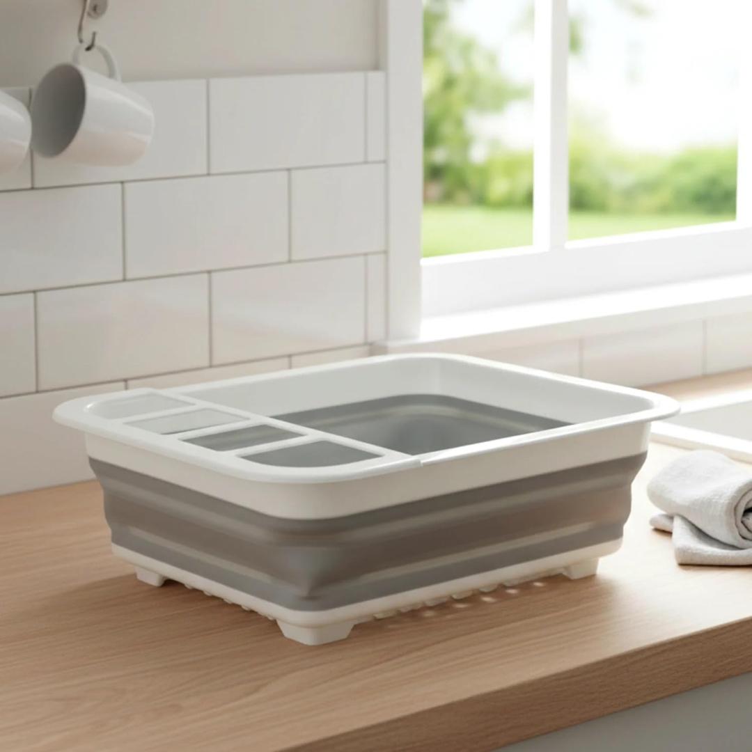 Collapsible Dish Drainer Rack with Cutlery Holder - Compact Kitchen Sink Organizer (28cm x 34cm)