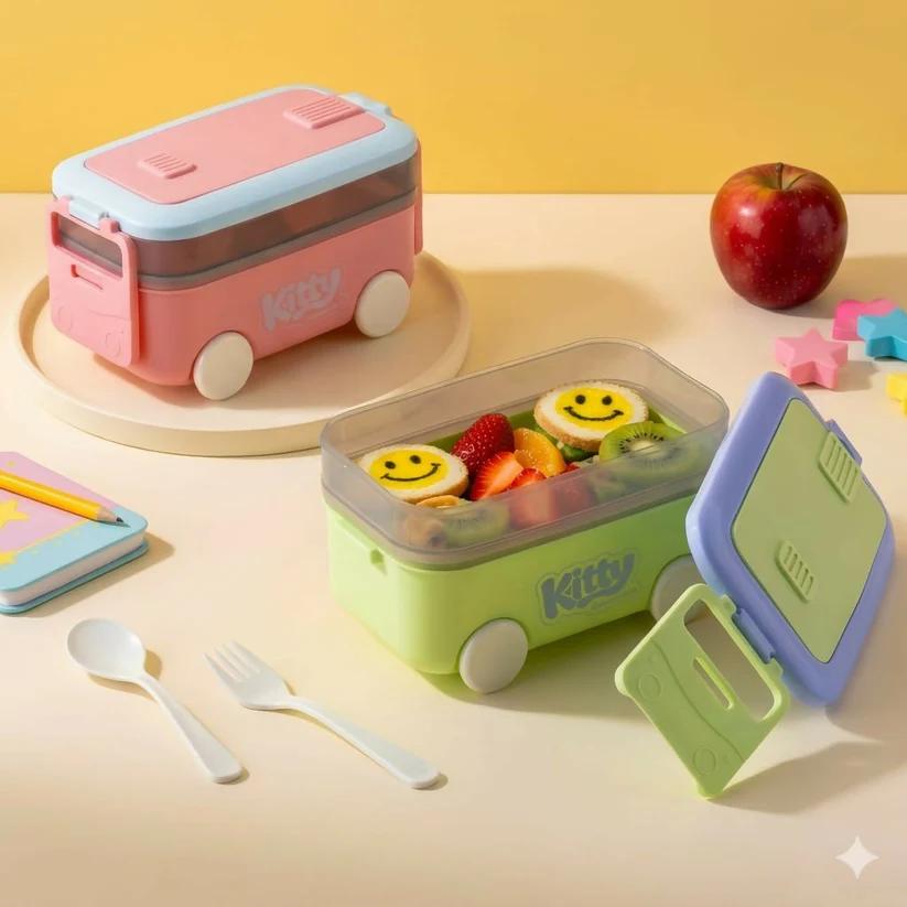 Cute Toy Car Kids Lunch Box with Layers & Cutlery - Leakproof Bento