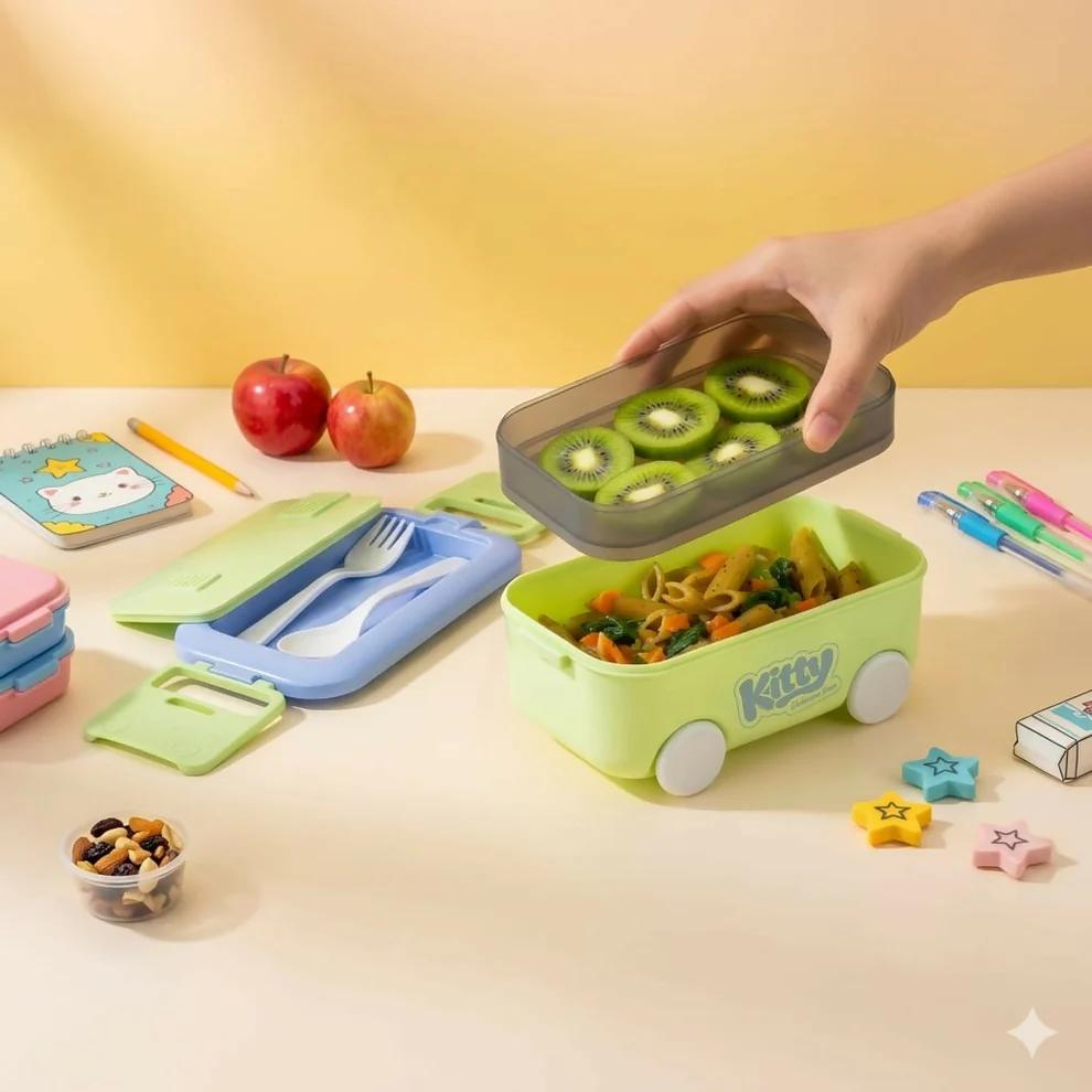 Cute Toy Car Kids Lunch Box with Layers & Cutlery - Leakproof Bento