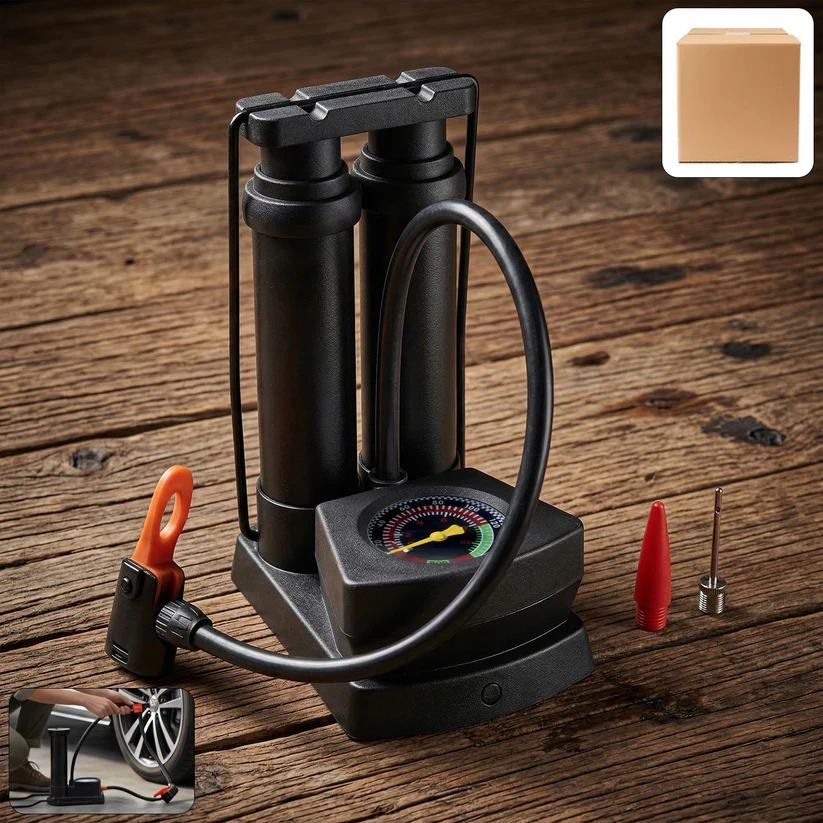 Double Cylinder Foot Air Pump with Pressure Gauge – Durable & Portable