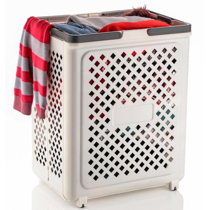Foldable Plastic Laundry Basket with Wheels - White