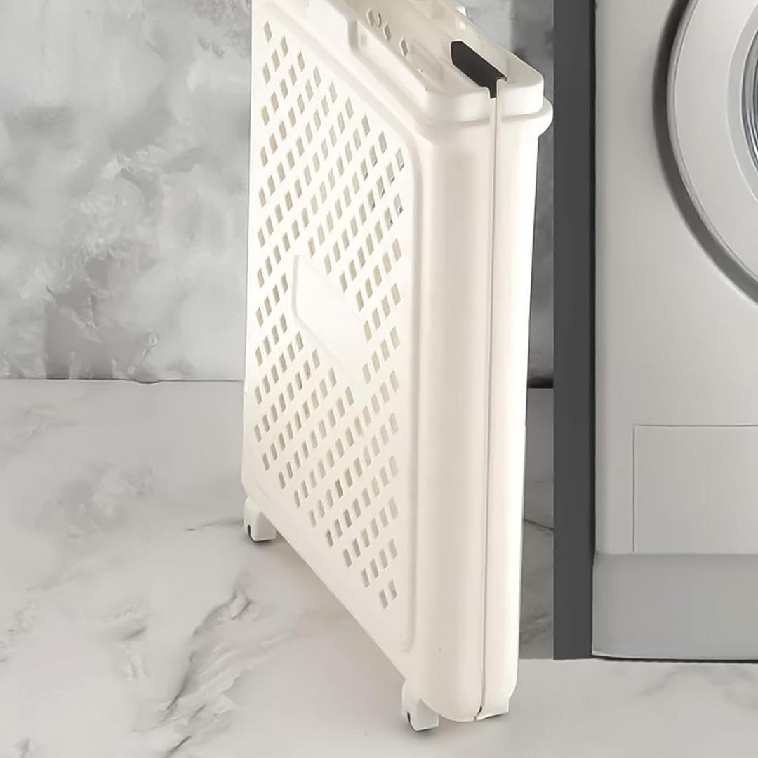 Foldable Plastic Laundry Basket with Wheels - White