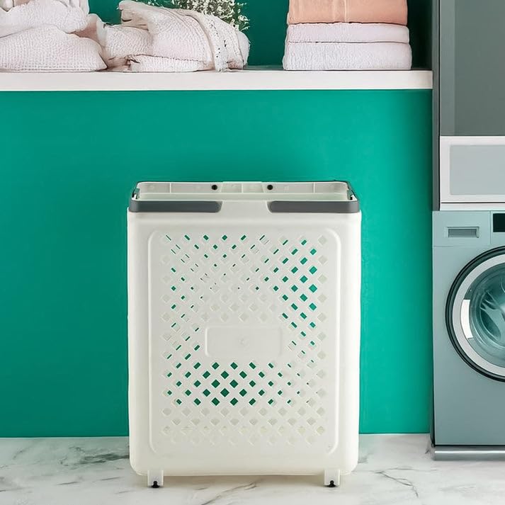 Foldable Plastic Laundry Basket with Wheels - White