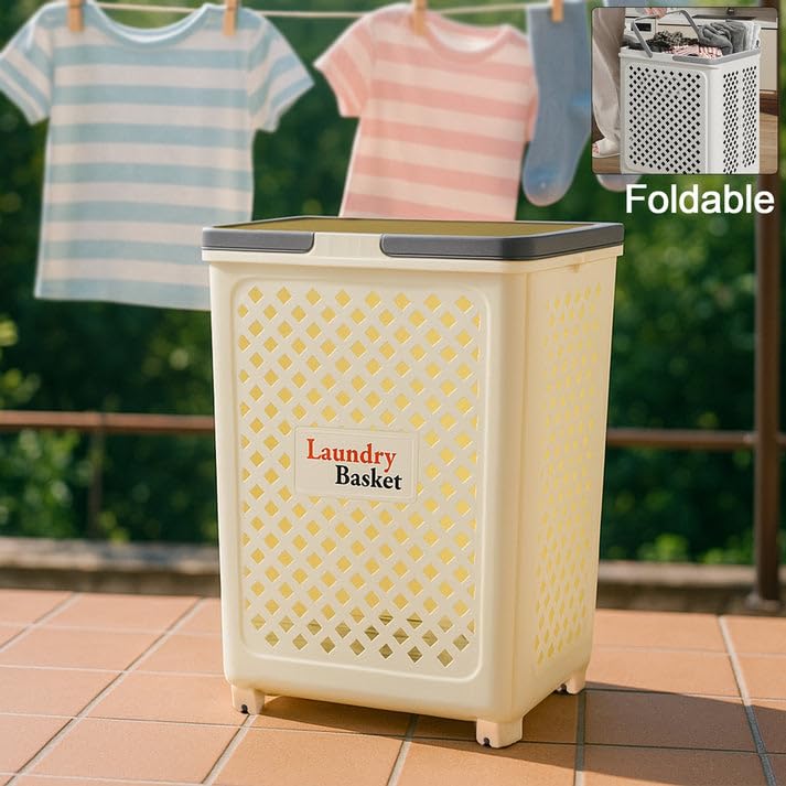 Foldable Plastic Laundry Basket with Wheels - White