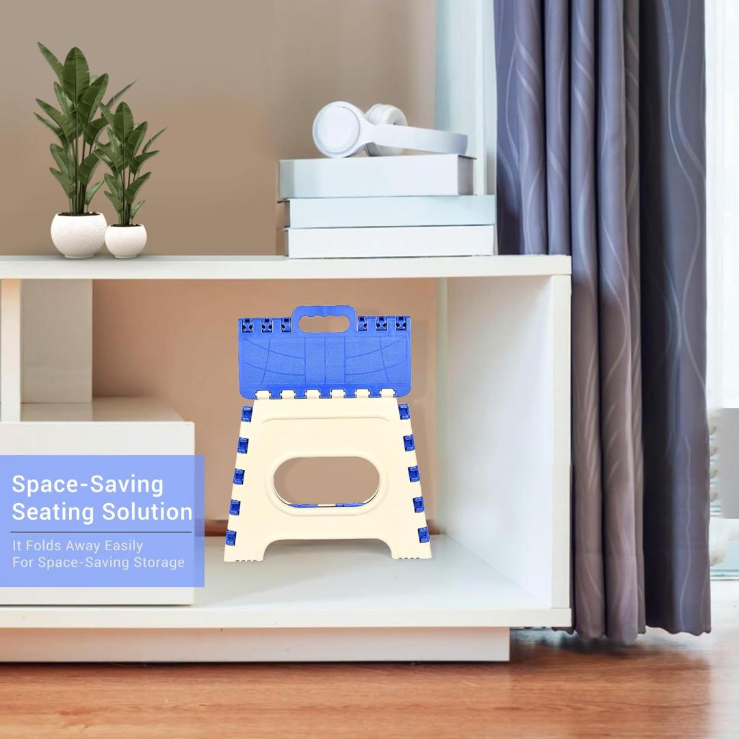 Foldable Step Stool with Handle - Space Saving Portable Ladder for Home & Kitchen (Blue & Beige)