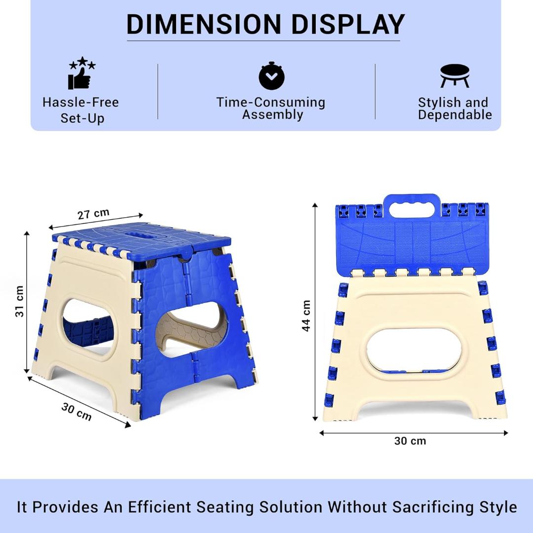 Foldable Step Stool with Handle - Space Saving Portable Ladder for Home & Kitchen (Blue & Beige)
